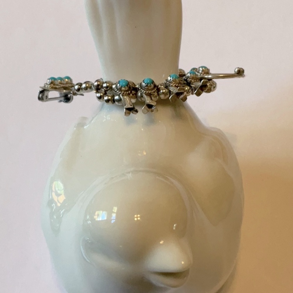 Turquoise Sterling Silver Mini Squash Blossom Necklace Pin Brooch. - Picture 6 of 6